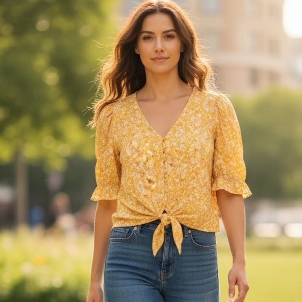 Lush Women Yellow Floral Paisley Tie Front V-Neck Blouse Cottagecore Whimsical
